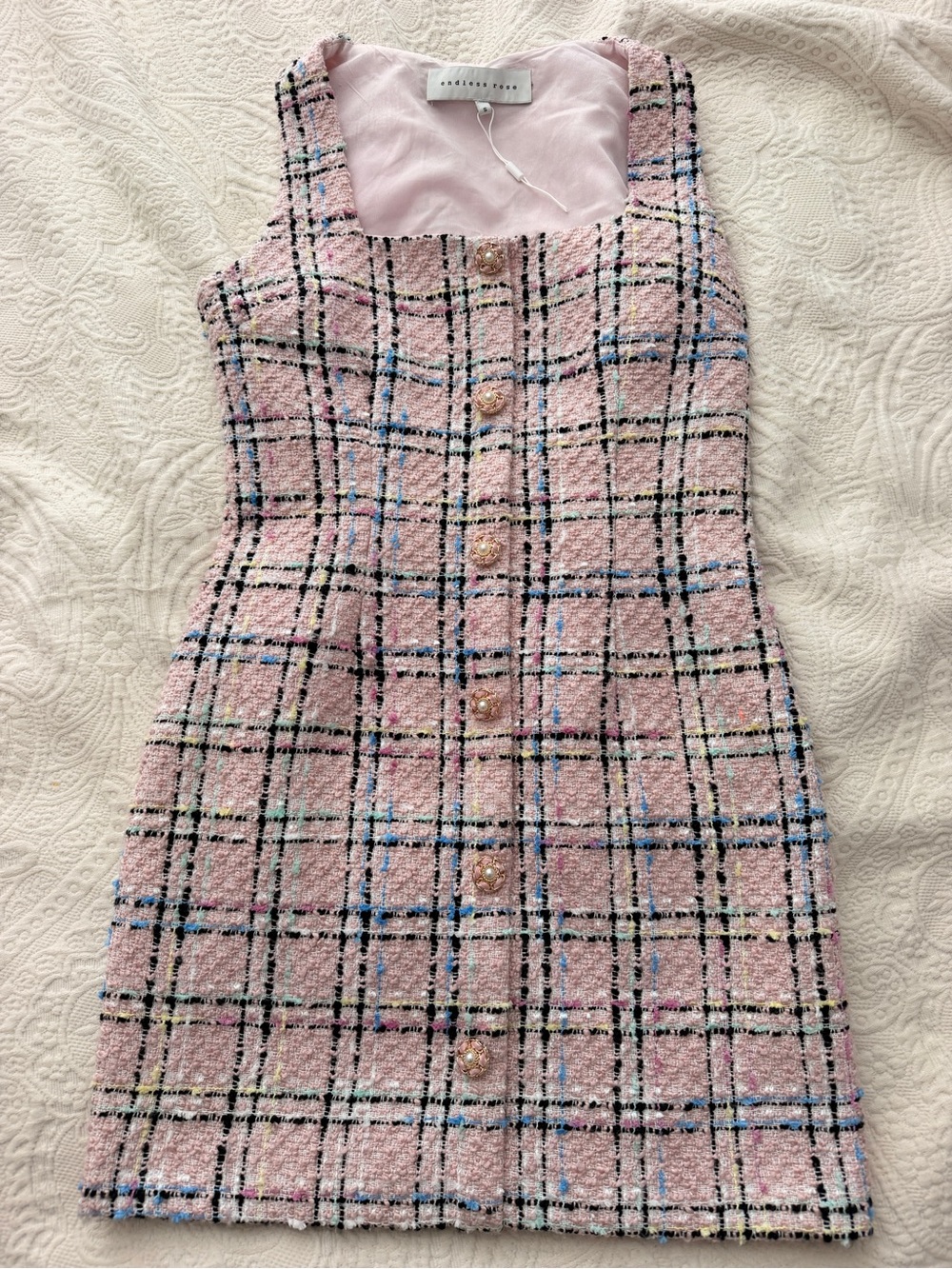 Endless Rose Pink Tweed Plaid Button Front Dress